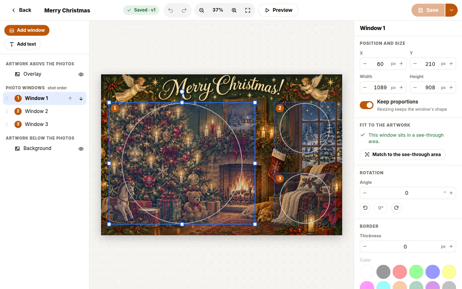 The editor on a computer, editing the Merry Christmas template. A top bar with the template's name, undo and redo, zoom, Preview and Save. The Layers list on the left. The template on a canvas in the middle with its first photo window selected. The Properties panel for that window on the right.